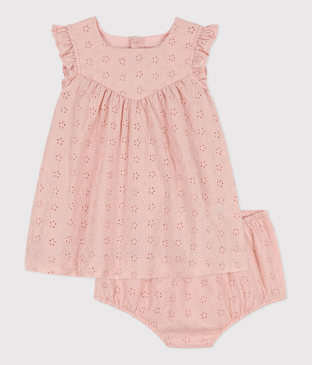 Robe b&eacute;b&eacute; avec bloomer en broderie anglaise rose