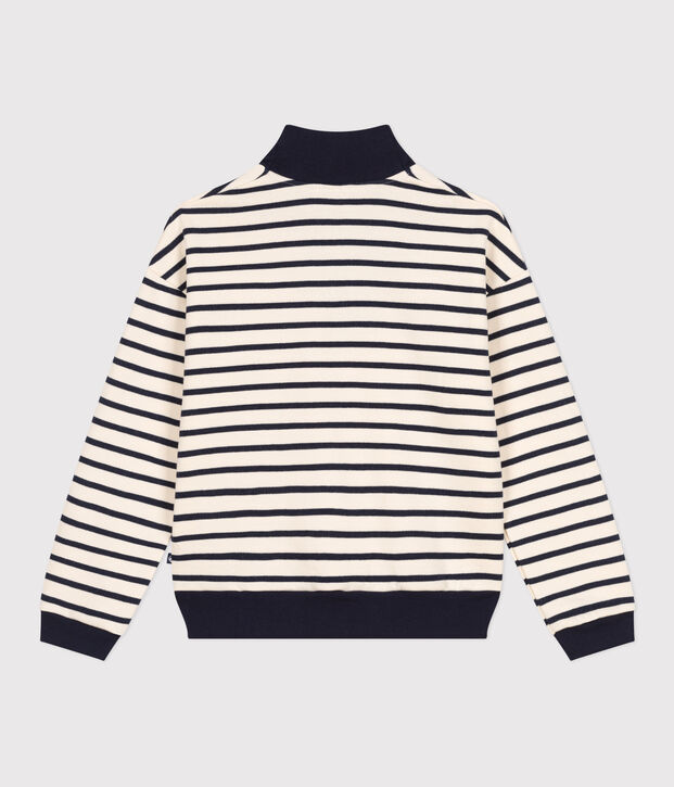 Sweatshirt van geruwde fleece met schipperskraag voor dames ecru/blauw