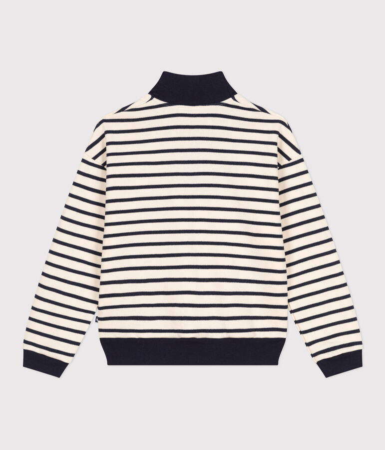 Sweatshirt van geruwde fleece met schipperskraag voor dames ecru/blauw