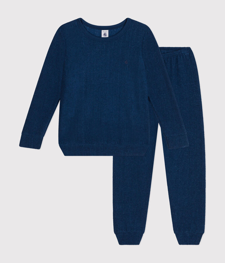 Effen kinderpyjama van geruwde boucl&eacute; badstof blauw