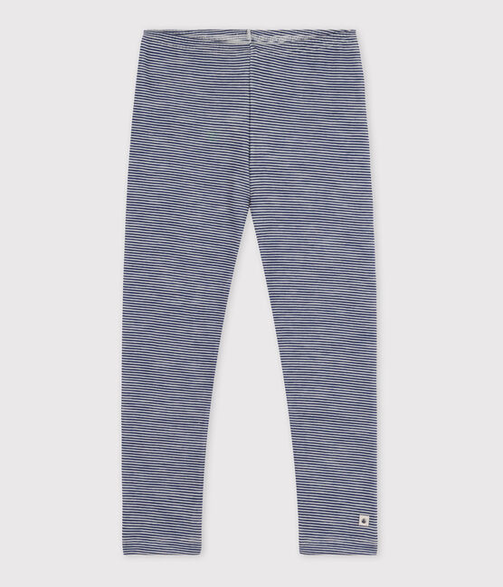 Legging milleraies petite fille/petit garçon en laine et coton bleu MEDIEVAL/blanc MARSHMALLOW