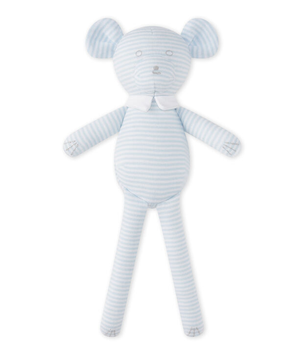Doudou ourson ray&eacute; milleraies bleu/blanc