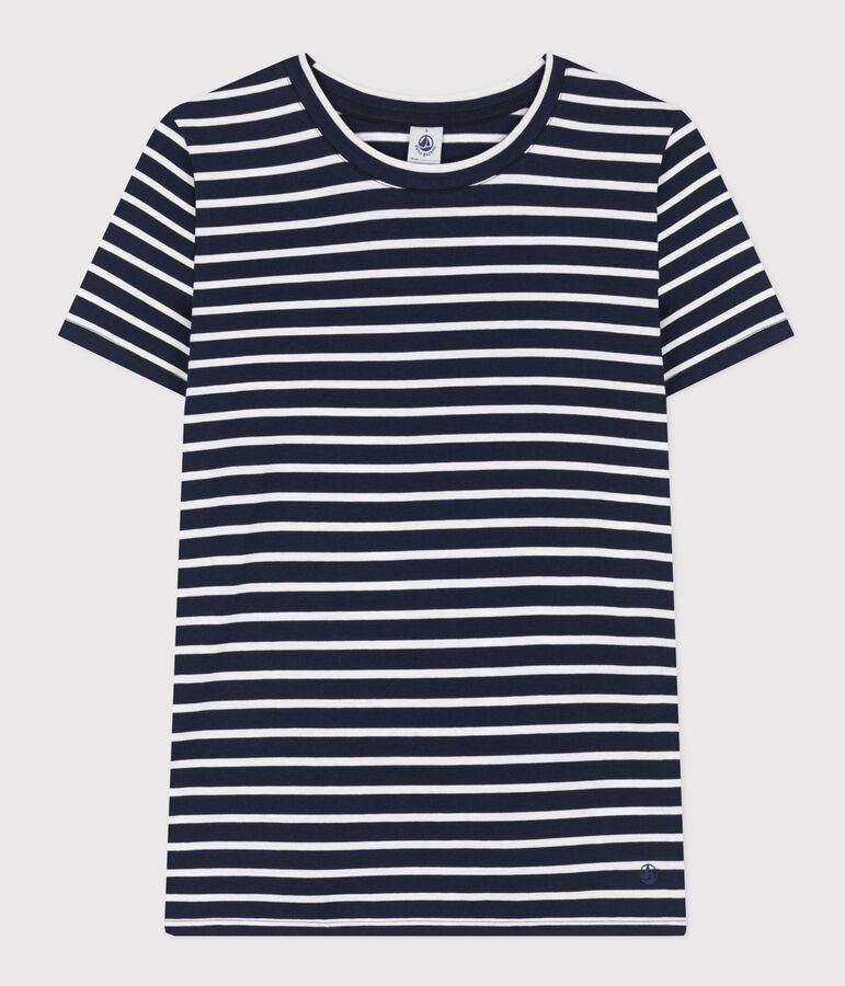 Tee-shirt LE DROIT col rond en coton Femme bleu/blanc