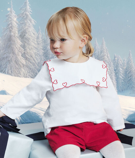 Blouse bébé en popeline de coton manches longues, brodée cœurs blanc ECUME