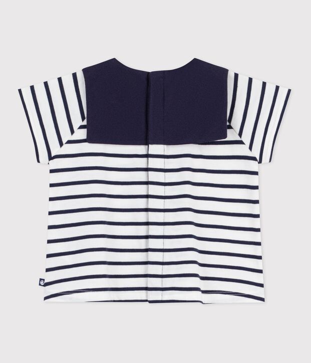 Katoenen babybloesje met matrozenstreepje en geborduurd kraagje wit/blauw