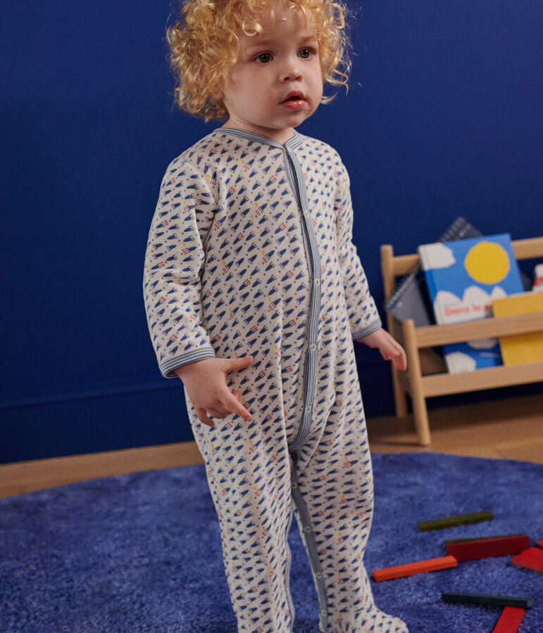 Fluwelen babypyjama met raketprint wit MARSHMALLOW/wit MULTICO
