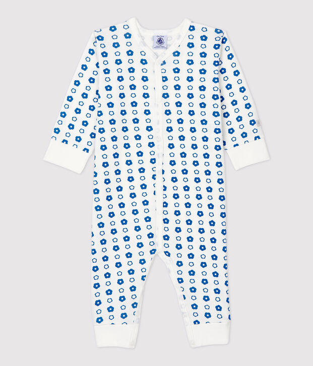 Voetloos slaappakje met retro bloemenprint van biologisch katoen wit/blauw