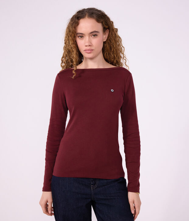 Tee-shirt femme col amiral en coton manches longues bordeaux