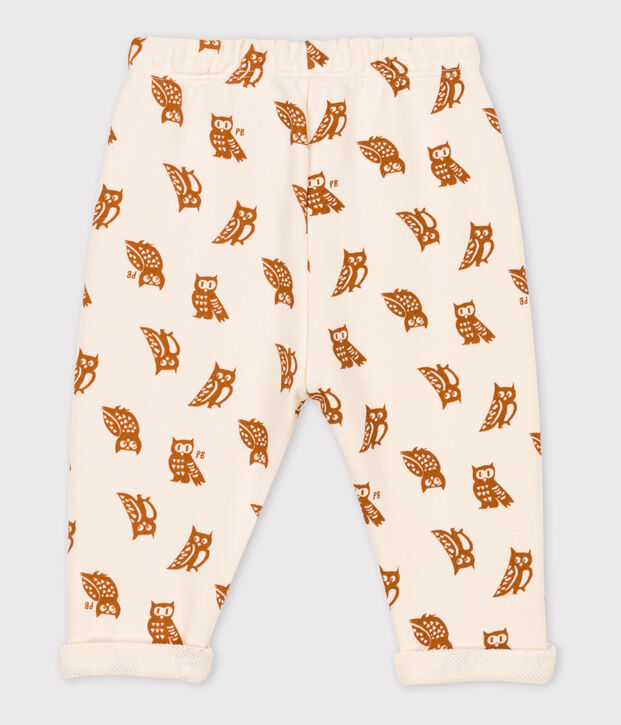Broek in molton met uiltjesprint voor baby's ecru/bruin