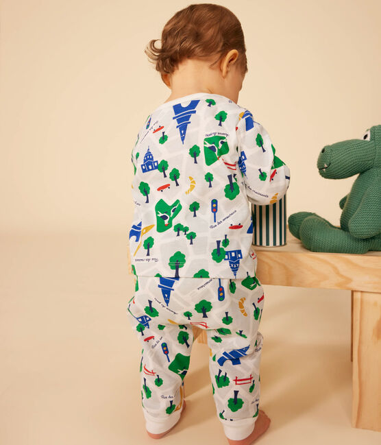 Katoenen babypyjama zonder voetjes met Parijsprint wit MARSHMALLOW/blauw MEDIEVAL