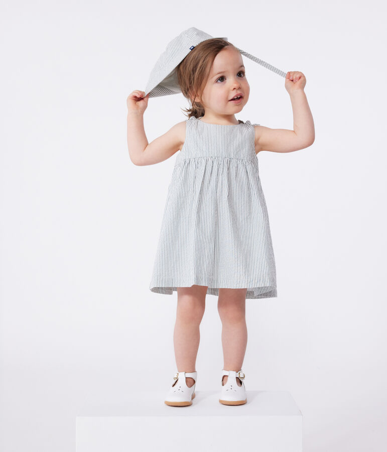 Robe b&eacute;b&eacute; en coton sans manches ray&eacute;e blanc/vert