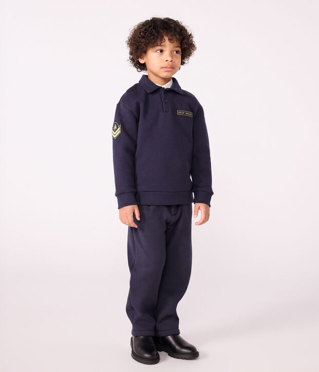 Sweatshirt esprit polo enfant en coton uni bleu marine