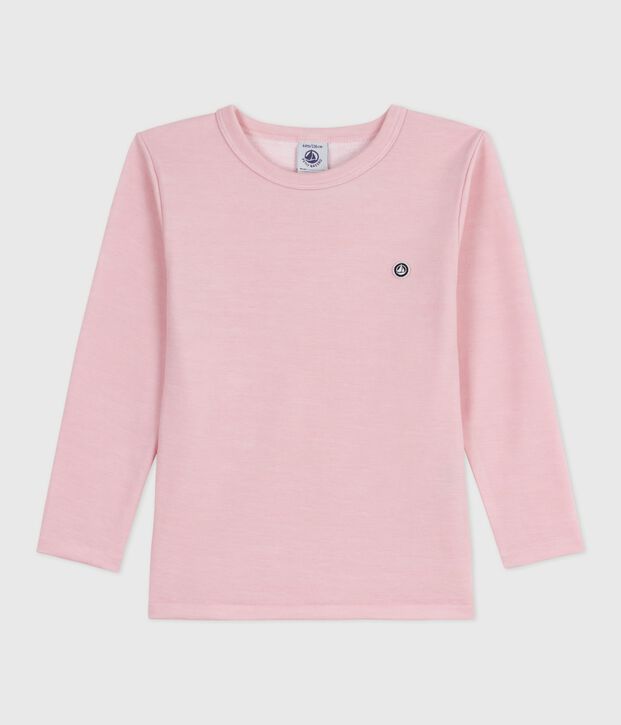 Tee-shirt enfant en laine et coton manches longues uni rose clair