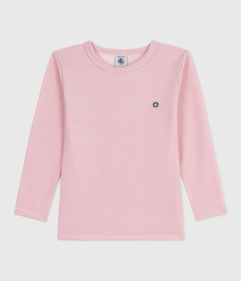Tee-shirt enfant en laine et coton manches longues uni rose