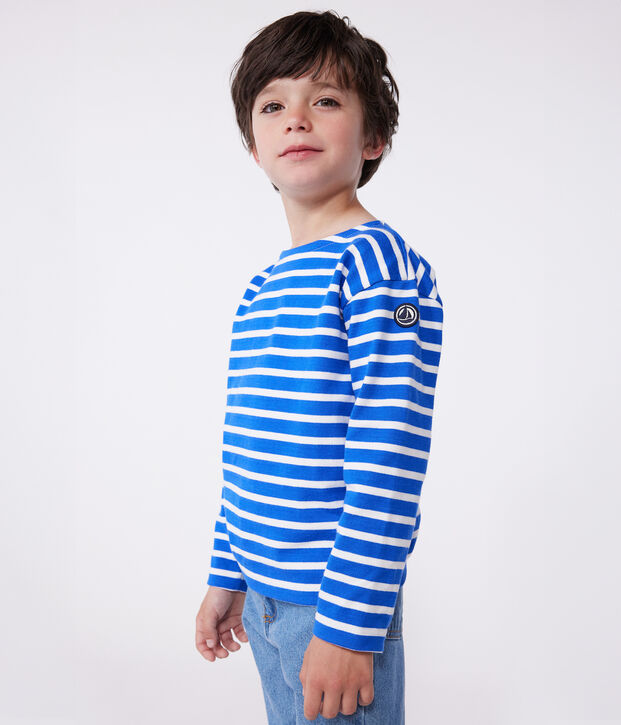 Uniseks katoenen marineshirt met lange mouwen voor kinderen blauw/wit