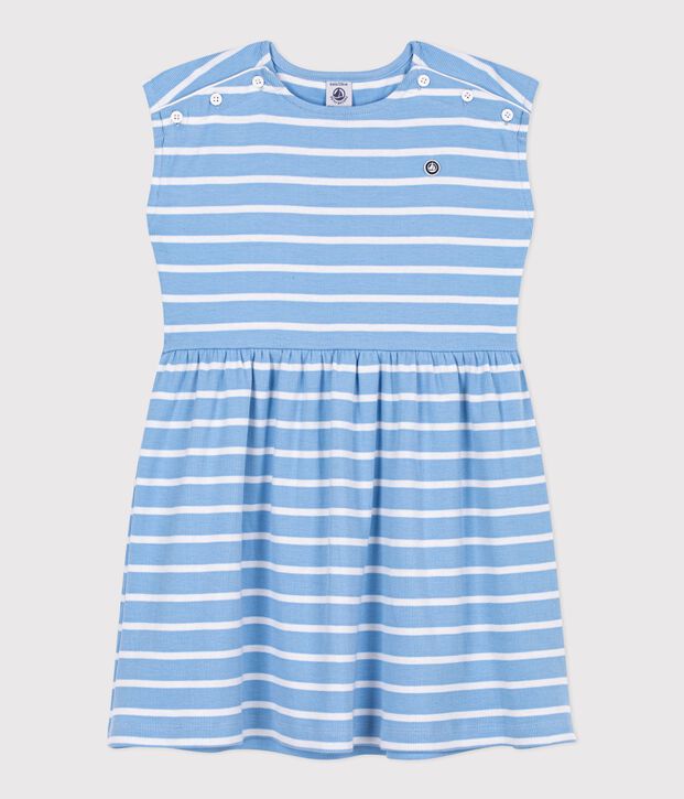 Mouwloze katoenen kinderjurk met strepen blauw/wit
