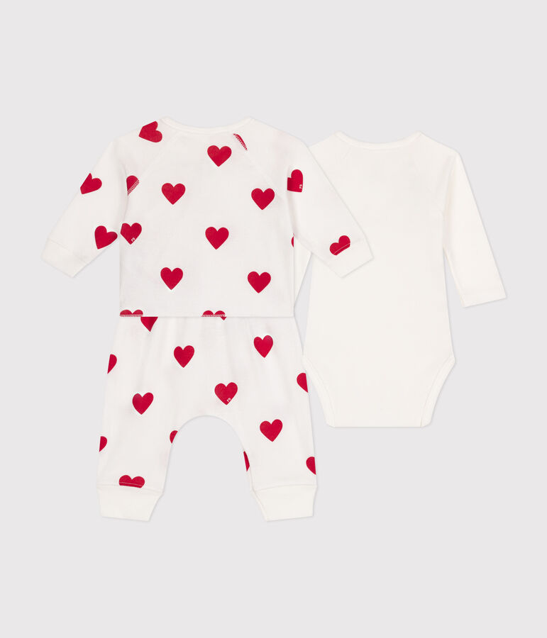 Ensemble 3 pi&egrave;ces imprim&eacute; coeur en coton b&eacute;b&eacute; blanc MARSHMALLOW/rouge TERKUIT