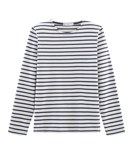 Marinière iconique manches longues 100% coton jersey lourd. beige COQUILLE/bleu SMOKING