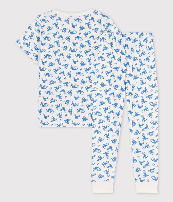 Pyjama manches courtes singes petit garçon en coton blanc MARSHMALLOW/bleu BRASIER