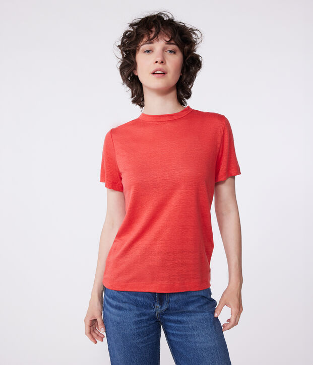 Linnen T-shirt met korte mouwen voor dames rood
