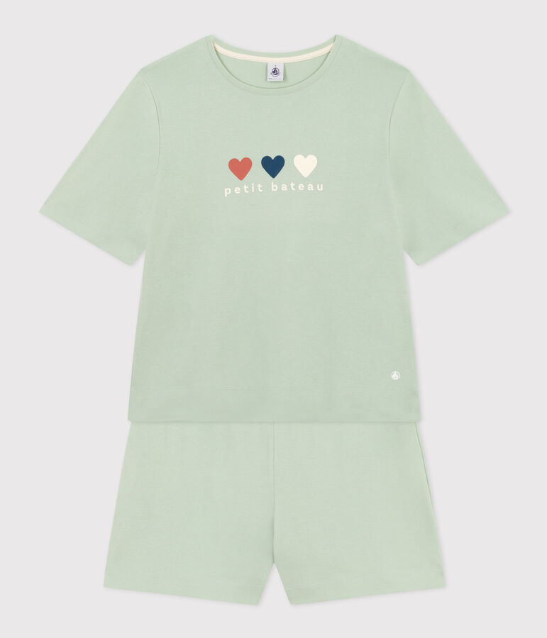 Korte pyjama en T-shirt van effen katoen voor dames groen