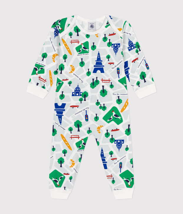 Katoenen babypyjama zonder voetjes met Parijsprint wit/blauw