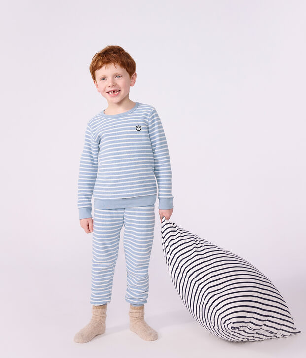Pyjama enfant en coton &eacute;ponge &agrave; rayures bleu/&eacute;cru