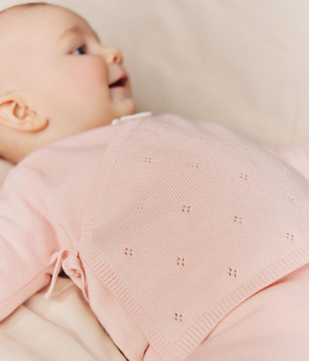 Brassi&egrave;re b&eacute;b&eacute; cache-c&oelig;ur ajour&eacute;e en tricot laine et coton rose
