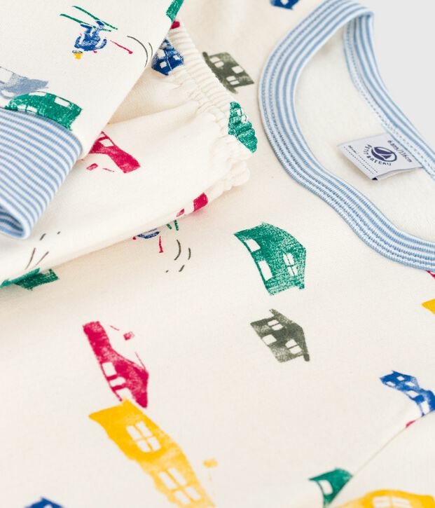 Pyjama enfant en molleton imprim&eacute; chalets &eacute;cru/multicouleur