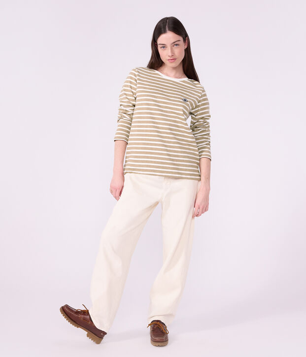 Marini&egrave;re femme en coton manches longues beige/blanc