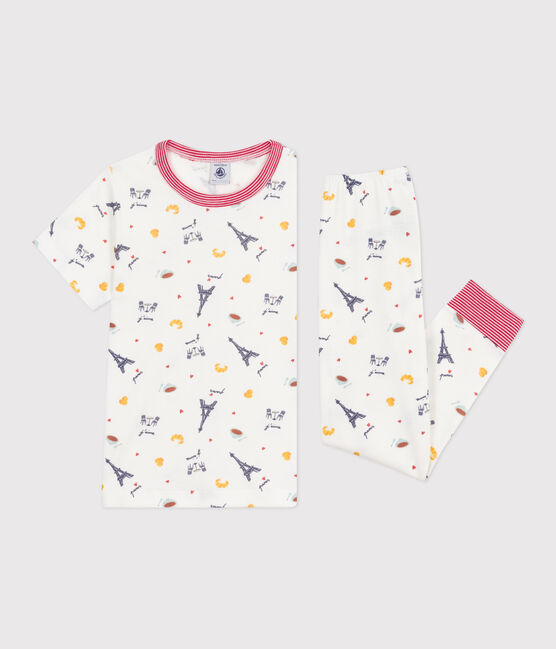 Pyjama enfant en coton manches courtes et jambes longues imprimé blanc MARSHMALLOW/blanc MULTICO