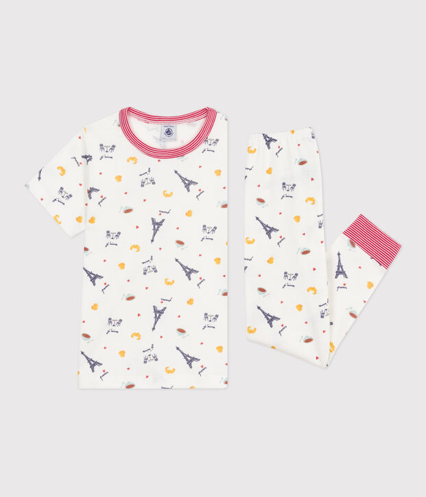 Pyjama enfant en coton manches courtes et jambes longues imprim&eacute; blanc/multicouleur