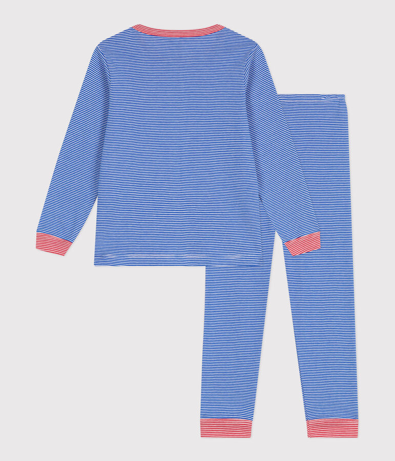 Katoenen kinderpyjama met lange mouw en strepen blauw/wit