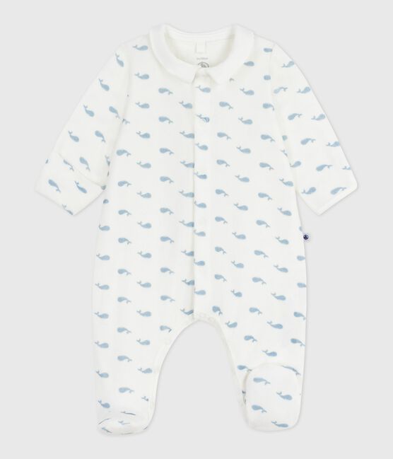 Pyjama bébé en velours à col imprimé baleines MARSHMALLOW/ ADRIATIC