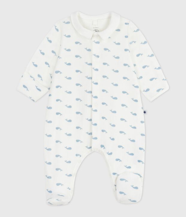Pyjama b&eacute;b&eacute; en velours &agrave; col imprim&eacute; baleines blanc/bleu