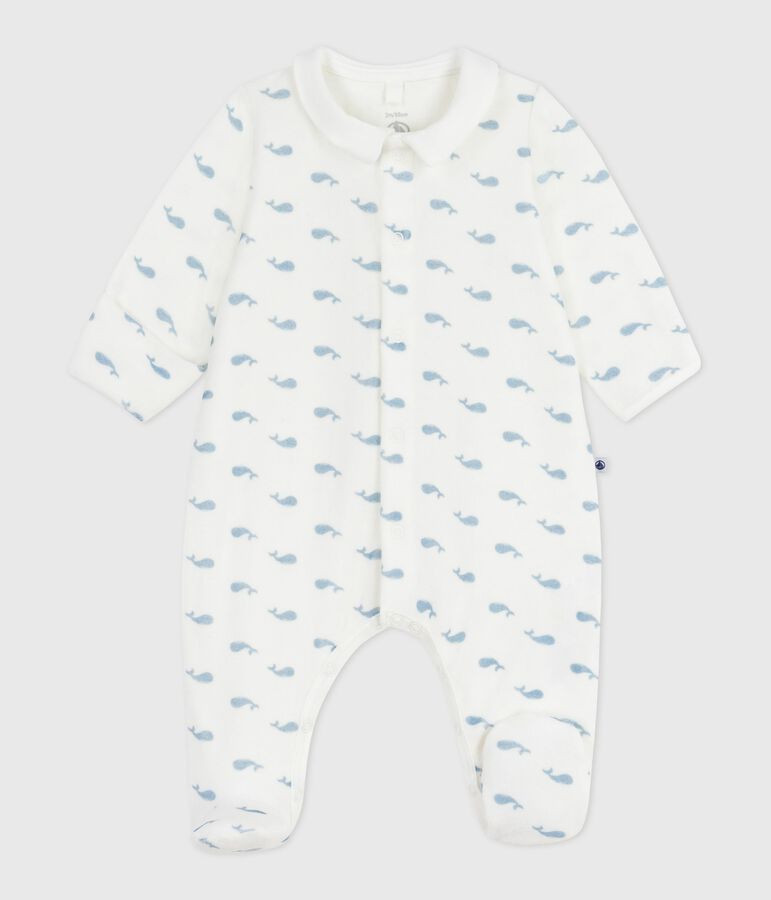 Pyjama b&eacute;b&eacute; en velours &agrave; col imprim&eacute; baleines blanc/bleu