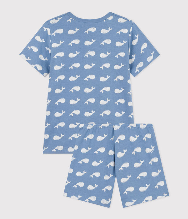 Korte katoenen pyjama met walvisprint voor kinderen blauw/wit
