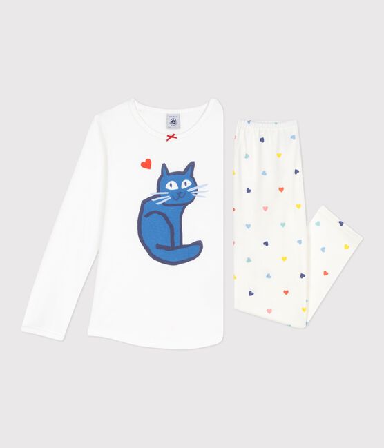 Katoenen kinderpyjama met katmotiefje wit MARSHMALLOW/wit MULTICO