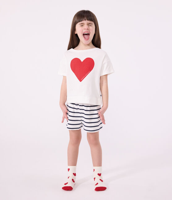Korte katoenen pyjama met hartjesprint voor kinderen wit MARSHMALLOW/blauw SMOKING
