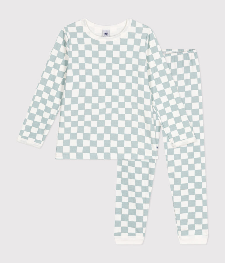 Pyjama en coton imprim&eacute; damier enfant blanc/vert