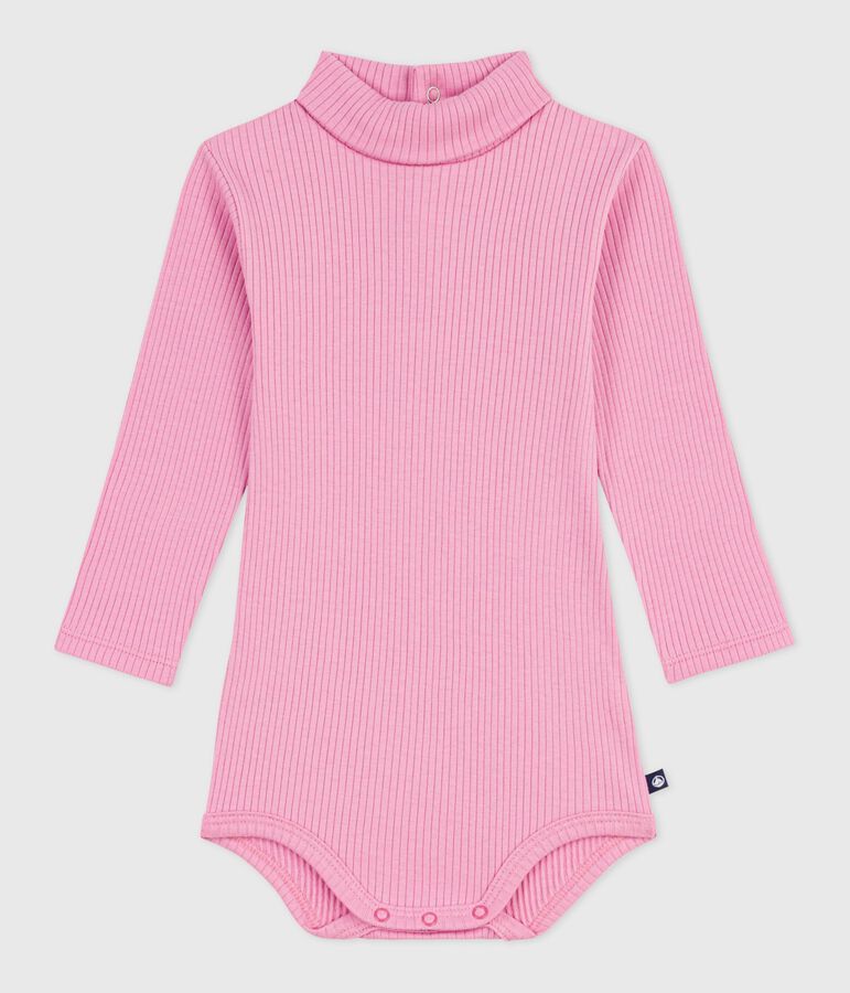 Effen katoenen babybody met rolkraag roze
