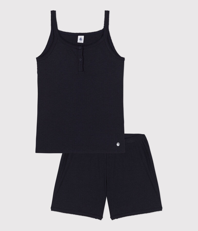 Effen pyjama met bandjes voor dames in lyocell en katoen blauw SMOKING