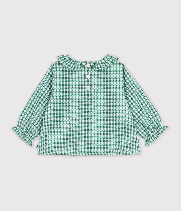 Katoenen babybloesje met lange mouwen en vichy-/hartjesprint groen/wit