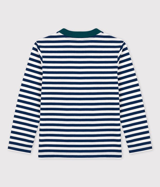Tee-shirt manches longues en coton enfant gar&ccedil;on bleu/blanc