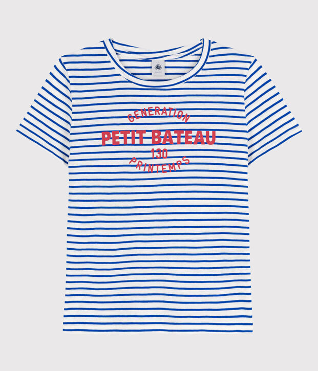 Tee-shirt LE DROIT 130 ans col rond en coton Femme blanc/bleu