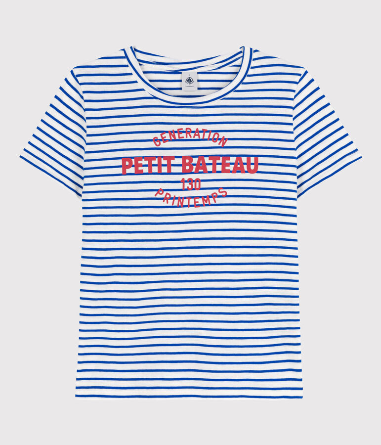 Tee-shirt LE DROIT 130 ans col rond en coton Femme blanc/bleu