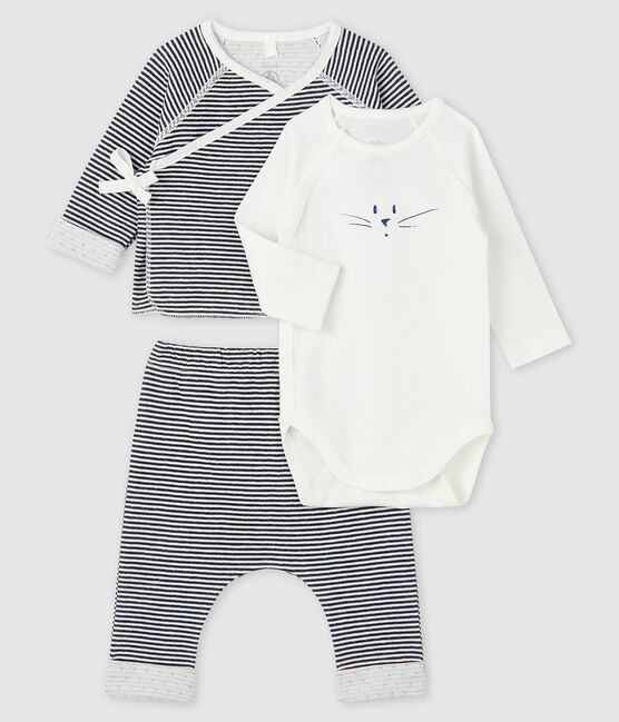 Driedelige dubbelgeweven babyset blauw SMOKING/wit MARSHMALLOW