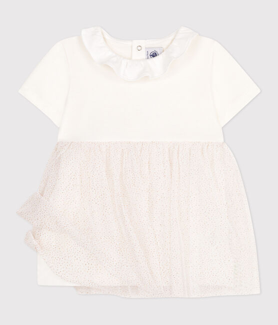 Babyjurkje van katoen en tule met korte mouwen en kraagje wit MARSHMALLOW/roze COPPER