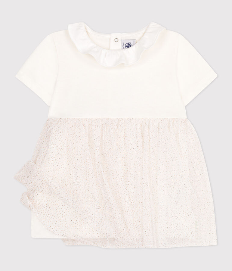 Robe b&eacute;b&eacute; en coton et tulle manches courtes et colerette blanc/rose