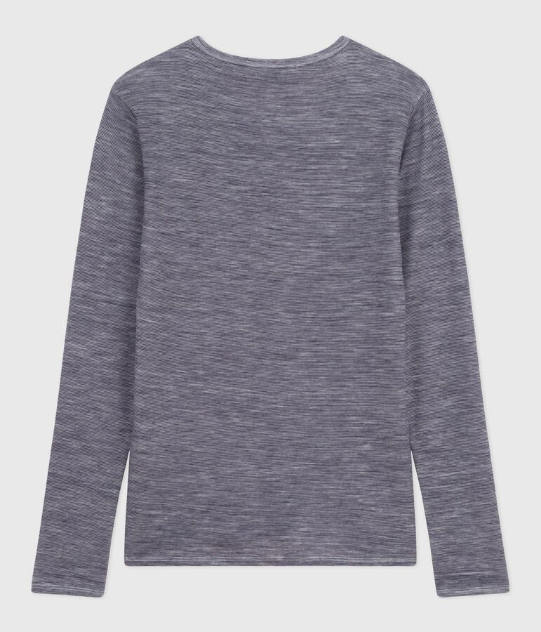 Tee-shirt femme en laine et coton manches longues &agrave; rayures bleu SOIR/ MARSHMALLOW